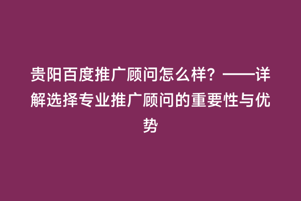 贵阳百度推广顾问怎么样?——详解选择专业推广顾问的重要性与优势